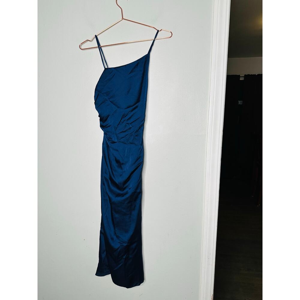 MILLY Dark Blue Satin Asymmetrical Electra Adjustable Straps Slip Dress Size 0 - Picture 4 of 13